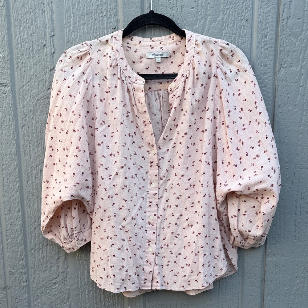 Madewell Pink Puff Sleeves Peasant Floral Top Size: S